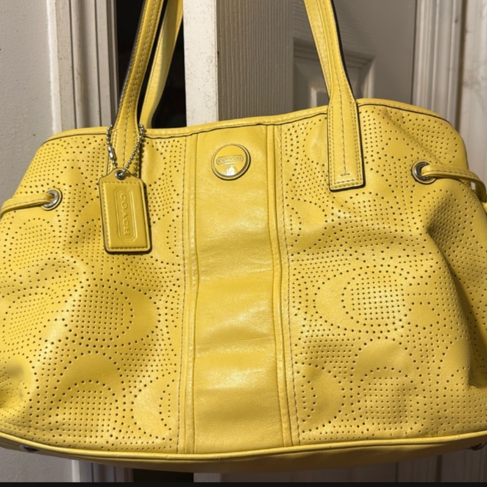 Coach Yellow Leather Shoulder Bag with Perforated Design